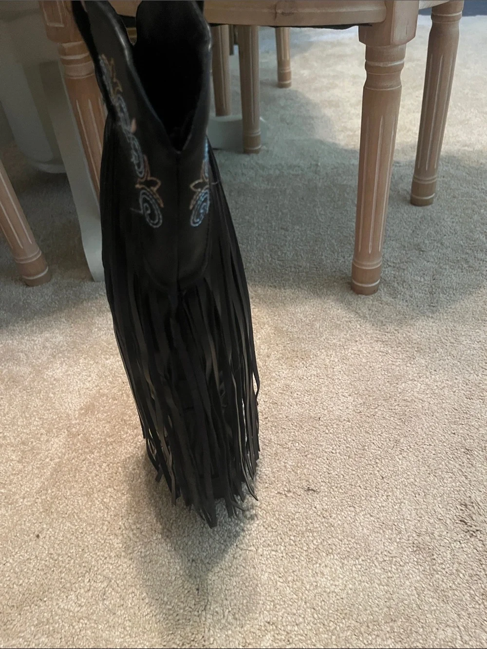 Fringed Embroidered Black Over-the-Knee Boots